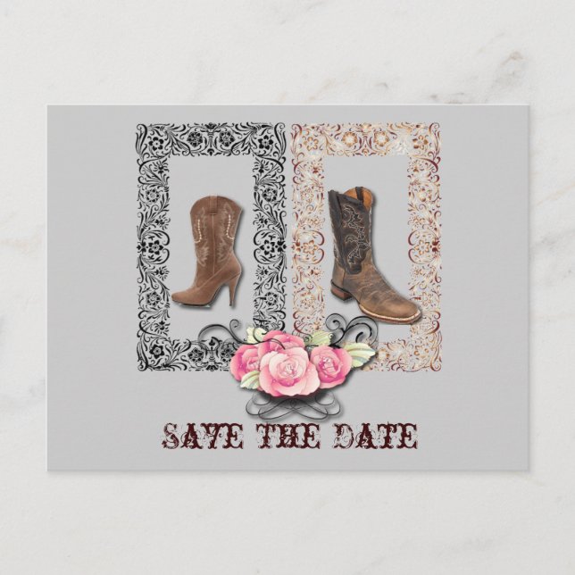 western country cowboy wedding save the date announcement postcard (Front)