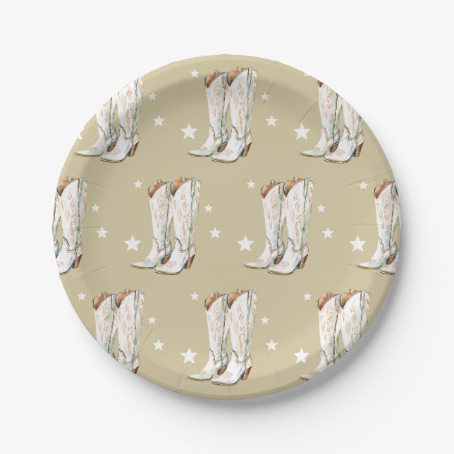 Western Country Cowgirl Boots Beige Birthday Party Paper Plates (Front)