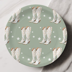 Western Country Cowgirl Boots Green Birthday Party Paper Plates