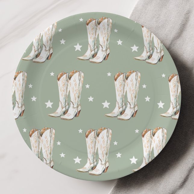 Western Country Cowgirl Boots Green Birthday Party Paper Plates (Western Country Cowgirl Boots Sage Green Birthday Party Paper Plates)