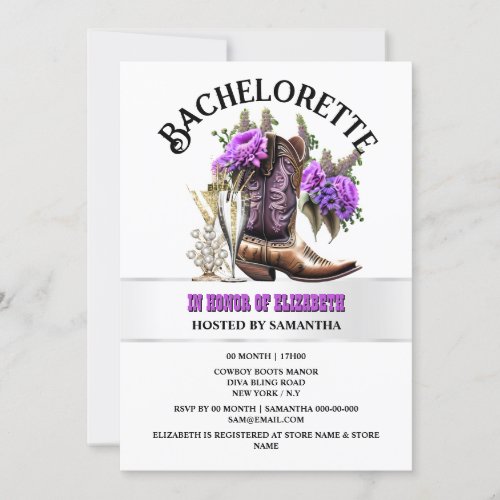 Western country cowgirl boots purple bubbly glam invitation