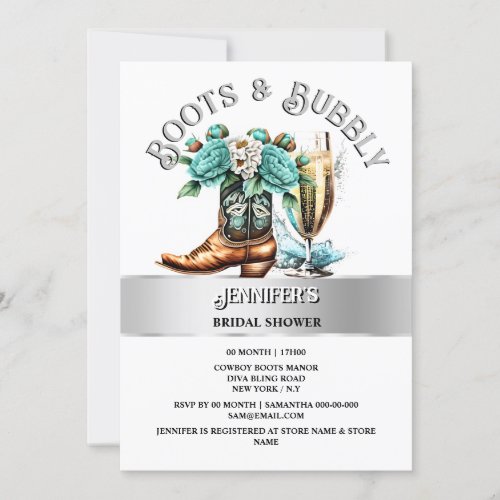 Western country cowgirl boots teal silver bubbly  invitation