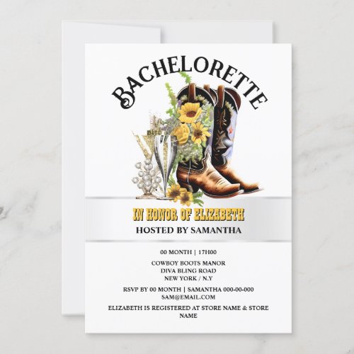 Western country cowgirl boots yellow bubbly glam invitation