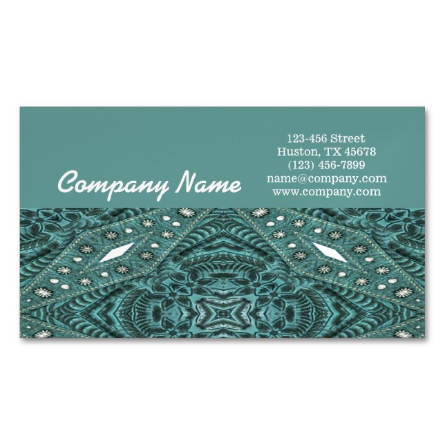 western country cowgirl fashion teal leather business card magnet (Front)