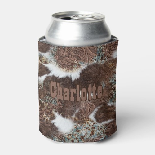 Western Country Cowhide Brown Leather Name Can Cooler