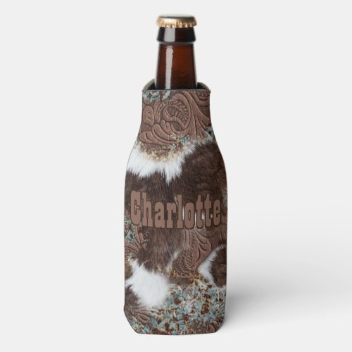 Western Country Cowhide Turquoise Brown Leather Bottle Cooler