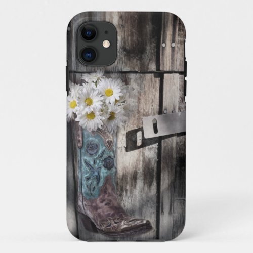 Western country daisy barn wood cowboy boot iPhone 11 case