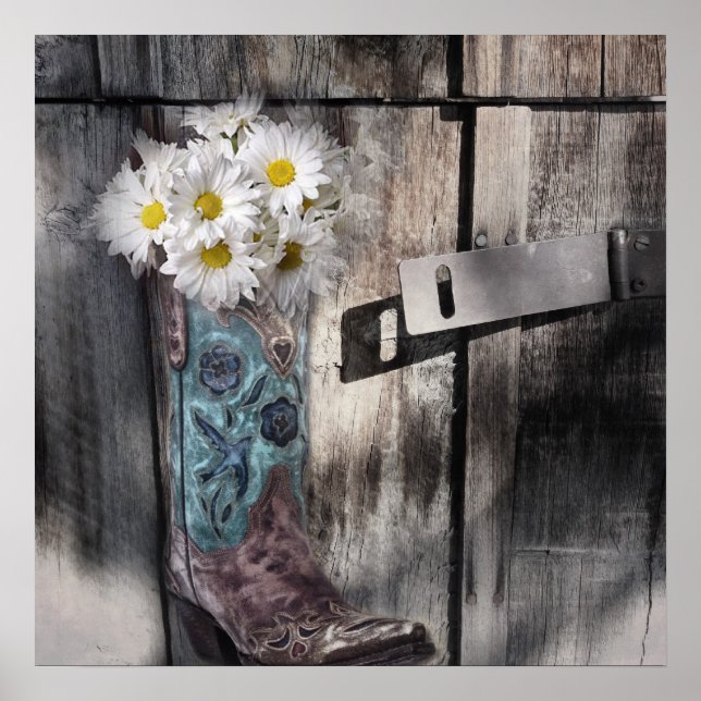 Western country daisy barn wood cowboy boot poster (Front)