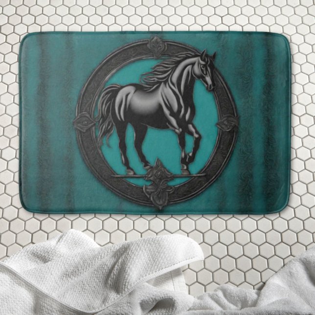 Western Country Equestrian Teal Black Horse  Bath Mat (Western Country Equestrian Teal Black Horse Bath Mat)