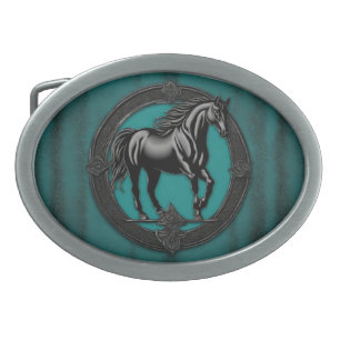 Western Country Equestrian Teal Black Horse Belt Buckle
