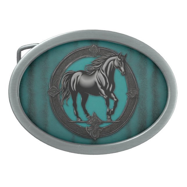 Western Country Equestrian Teal Black Horse  Belt Buckle (Front)