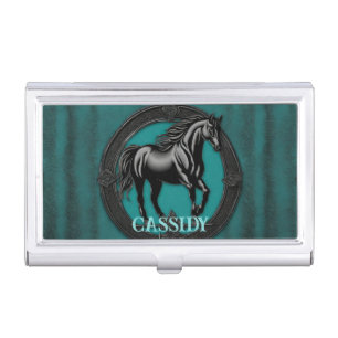 Western Country Equestrian Teal Black Horse Business Card Case