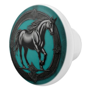 Western Country Equestrian Teal Black Horse Ceramic Knob