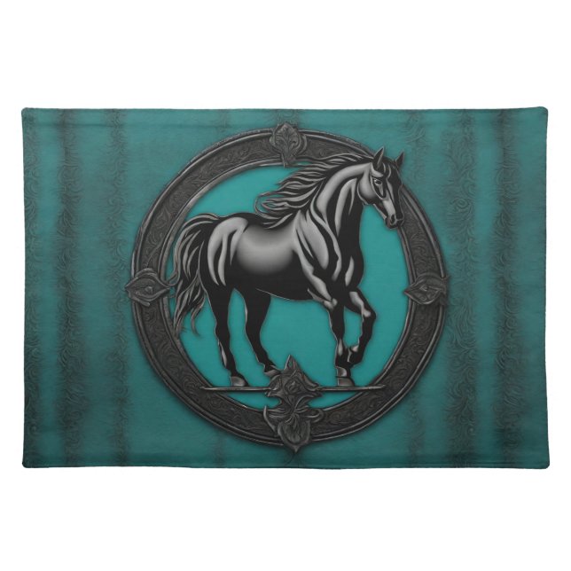 Western Country Equestrian Teal Black Horse  Cloth Placemat (Front)