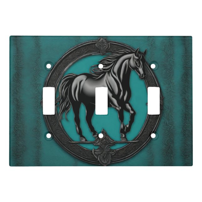 Western Country Equestrian Teal Black Horse  Light Switch Cover (Front)