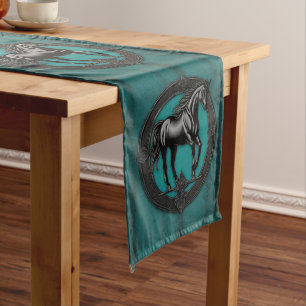Western Country Equestrian Teal Black Horse Long Table Runner