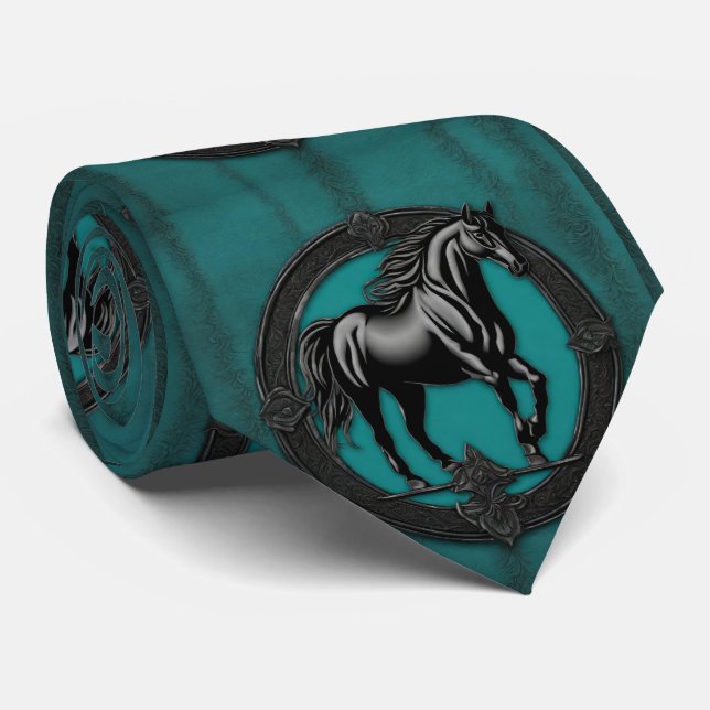 Western Country Equestrian Teal Black Horse  Neck Tie (Rolled)