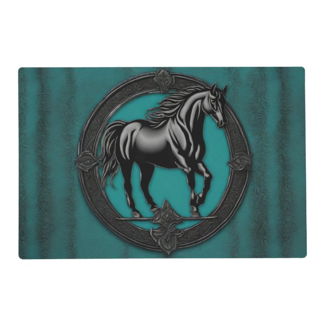 Western Country Equestrian Teal Black Horse  Placemat (Front)