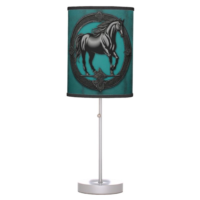 Western Country Equestrian Teal Black Horse  Table Lamp (Front)