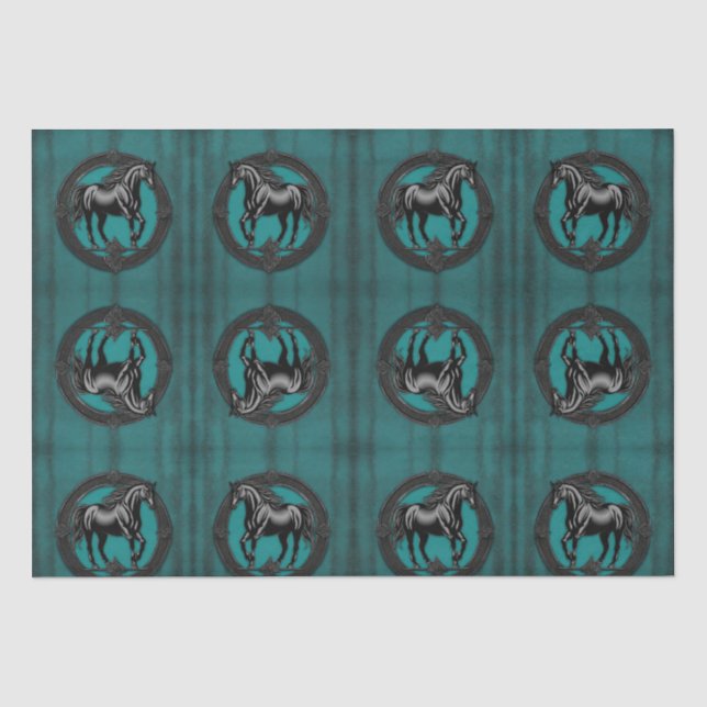 Western Country Equestrian Teal Black Horse  Tissue Paper (Front)