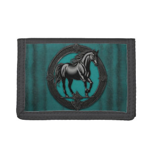 Western Country Equestrian Teal Black Horse Tri-fold Wallet