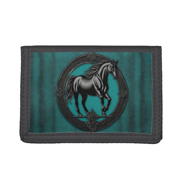 Western Country Equestrian Teal Black Horse  Trifold Wallet (Front)