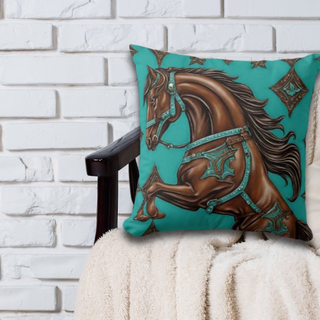 Western Country Equestrian Turquoise Brown Horse  Throw Pillow (Creator Uploaded)