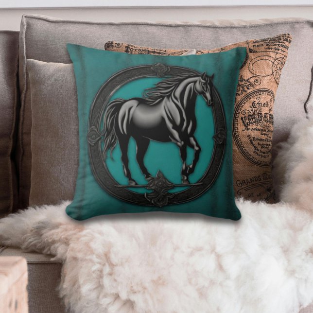 Western Country  Equine Equestrian Black Horse  Throw Pillow (Rustic Western Country Teal black horse throw pillow)
