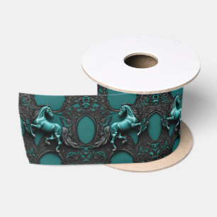 Western Country Equine Equestrian Teal Horse  Satin Ribbon