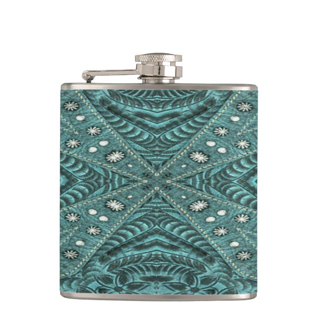Western Country fashion Teal Turquoise Leather Flask (Front)