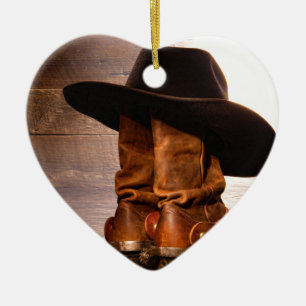 western country hat barn wood cowboy boots ceramic ornament