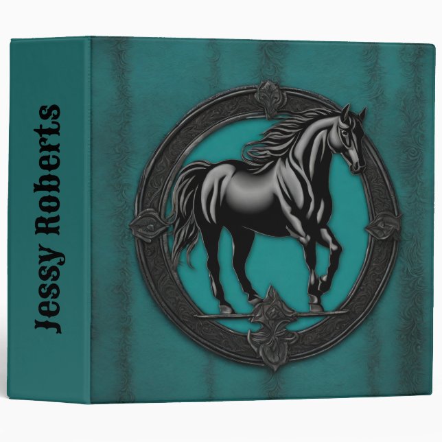Western Country Monogram Equestrian Teal Horse  3 Ring Binder (Front/Spine)