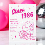 Western Country Pink Disco 40th Birthday Party Invitation<br><div class="desc">Western Country Pink Disco 40th Birthday Party Invitation features bold pink script text with personalized year, sparkling star accents, and a fun illustration of a stetson, cowboy boots, and disco ball on a white background. It’s perfect for a western or Nashville -themed birthday party. Personalize with her name, party details,...</div>