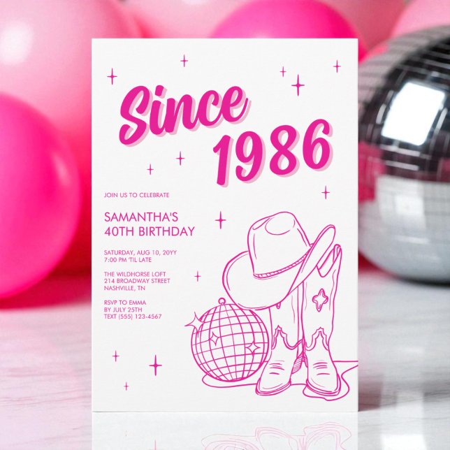 Western Country Pink Disco 40th Birthday Party Invitation (Western Country Pink Disco 40th Birthday Party Invitation)