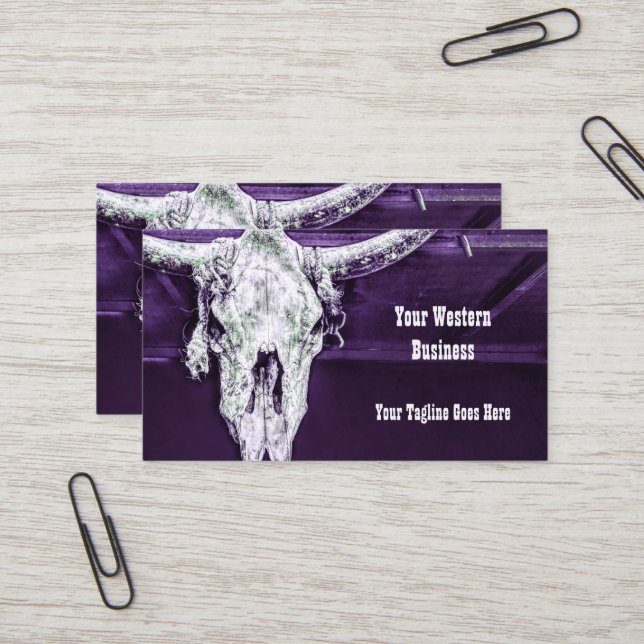 Western Country Purple White Rustic Bull Cow Skull Business Card (Front/Back In Situ)