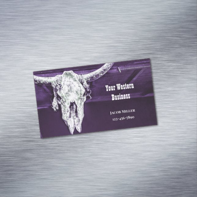 Western Country Purple White Rustic Bull Cow Skull Business Card Magnet (In Situ)