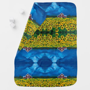 western country red barn summer sunflower field baby blanket