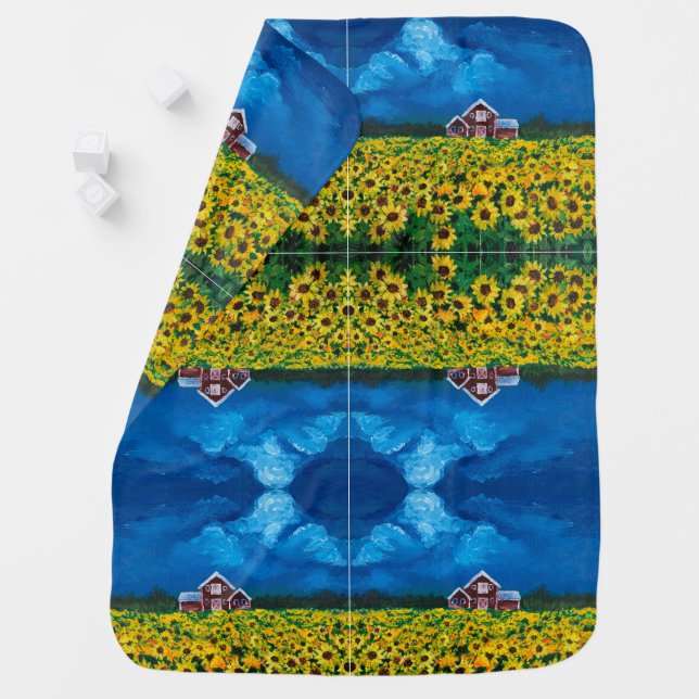 western country red barn summer sunflower field baby blanket (In Situ)
