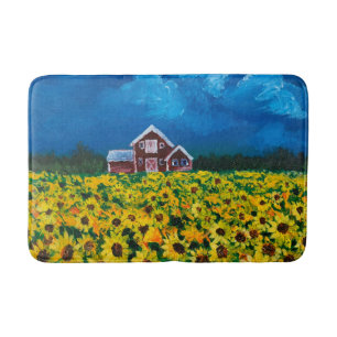 western country red barn summer sunflower field bath mat