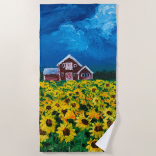 western country red barn summer sunflower field beach towel