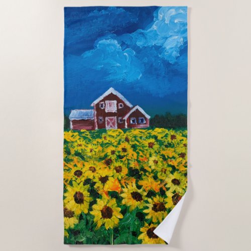 western country red barn summer sunflower field beach towel