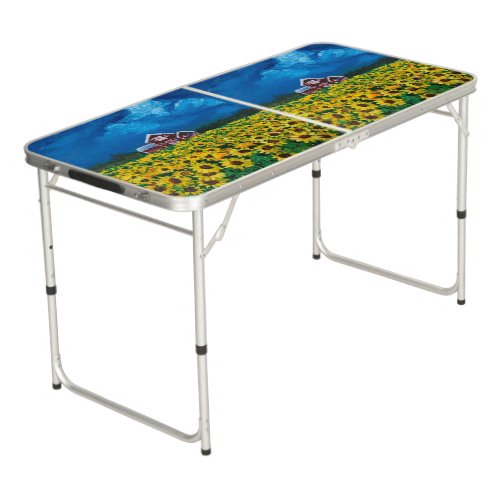 western country red barn summer sunflower field beer pong table