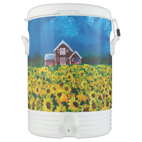 western country red barn summer sunflower field beverage cooler