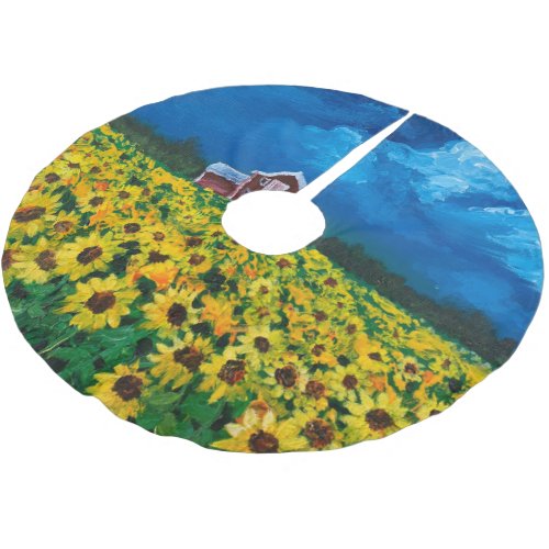 western country red barn summer sunflower field brushed polyester tree skirt