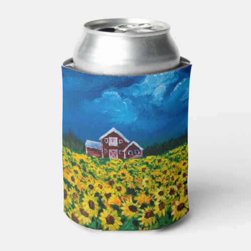 western country red barn summer sunflower field can cooler