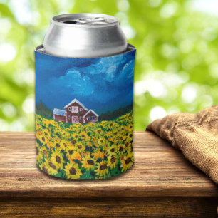 western country red barn summer sunflower field can cooler