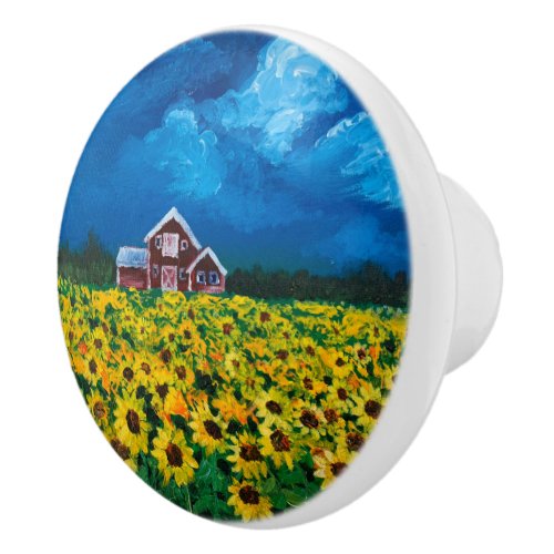 western country red barn summer sunflower field ceramic knob