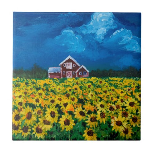 western country red barn summer sunflower field ceramic tile
