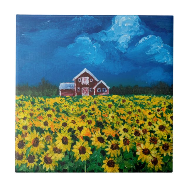 western country red barn summer sunflower field ceramic tile (Front)