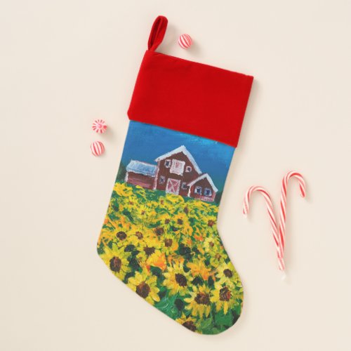 western country red barn summer sunflower field christmas stocking